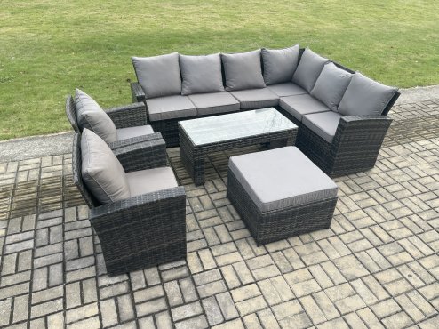 Fimous Rattan Corner Sofa Garden Furniture Set with Big Footstool Rectangular Coffee Table 2 Armchairs with Cushion Dark Grey Mixed