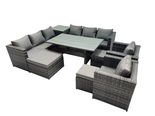 Fimous Outdoor Corner Sofa Chair Dining Table Set Garden Rattan Furniture Set 11 Seater with Side Table 3 Stool Dark Grey