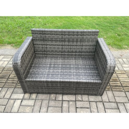 Fimous Patio Rattan Garden Furniture Set with Oblong Rectangular Dining Table 2 Big Footstool 8 Seater Outdoor Lounge Loveseat Sofa Set Dark Grey Mixed