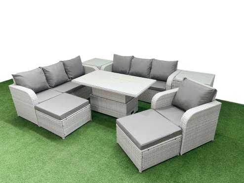 Fimous 9 Seater Poly Rattan Outdoor Garden Furniture Adjustable Lifting Dining or Coffee Table Sofa Set Patio 3 Seater Sofa Reclining Chair 3 Seater Sofa 2 Big Footstools 2 Side Table Light Grey