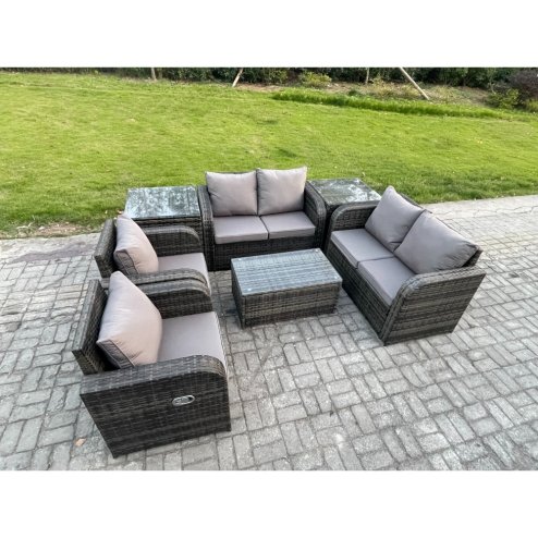 Fimous Rattan Garden Furniture Set Patio Outdoor Lounge Sofa Set with 2 Reclining Chairs Rectangular Coffee Table 2 Side Tables Dark Grey Mixed