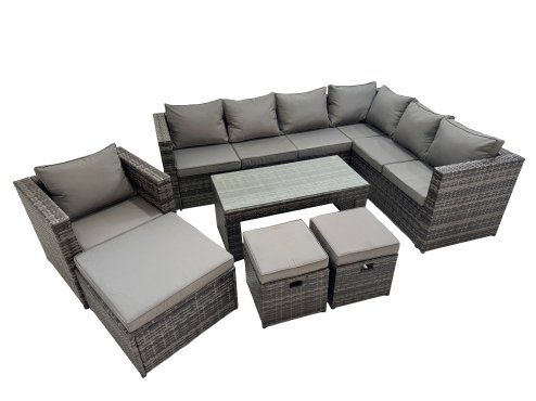 Fimous Outdoor Rattan Oblong Coffee Table Corner Sofa Sets Garden Furniture Set with Chair 3 Stool Dark Grey Mixed