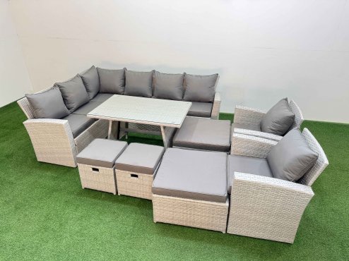 Fimous Garden Outdoor Rattan Furniture Set Rattan Corner Sofa Oblong Dining Table with 2 Armchairs 4 Footstools Light Grey Mixed 12 Seater