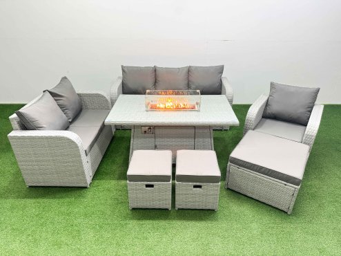 Fimous Patio PE Wicker 9 Seater Outdoor Rattan Furniture Sofa Sets with Firepit Dining Table Reclining Chair Loveseat Sofa 3 Seater Sofa Stool Light Grey