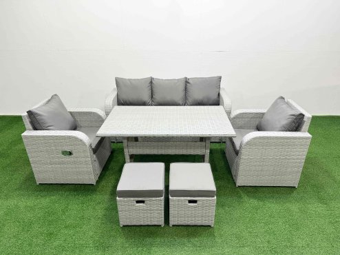 Fimous PE Rattan Garden Furniture Set Reclining Chair Sofa Lounge Sofa Set Rectangular Dining Table 2 Small Stools Light Grey