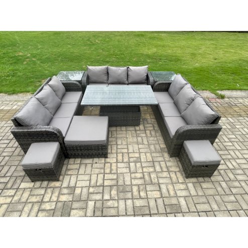 Fimous 12 Seater Garden Dining Sets Outdoor Rattan Furniture Lounge Sofa Height Adjustable Rising lifting Table With 2 Side Tables 3 Footstools Dark Grey Mixed