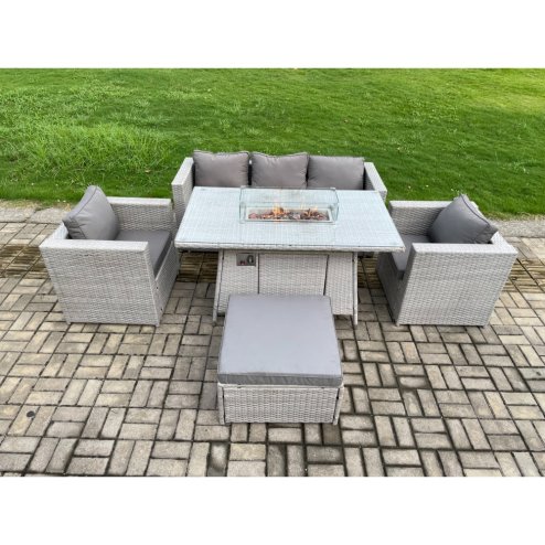 Fimous Outdoor PE Rattan Garden Furniture Gas Fire Pit Dining Table Armchairs With Big Footstool Light Grey