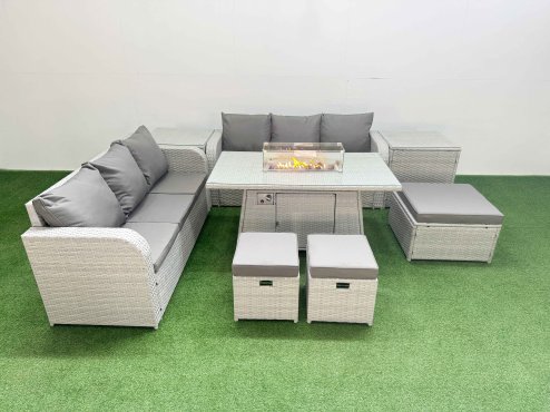 Fimous Outdoor Garden Furniture Sets 9 Seater Wicker Rattan Furniture Sofa Sets with Firepit Dining Table high Back Lounge Sofa 3 Stools 2 Side Table Light Grey