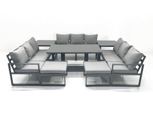 Fimous 11 Seater Garden Sofa Set Aluminium Furniture Rising Dining Tabe Set with 2 Side Tables 2 Big Footstools Dark Grey