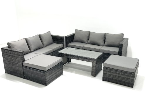 Fimous Garden Outdoor Rattan Furniture Set with Sofa Coffee table 2 Big Footstools Dark Grey Mixed