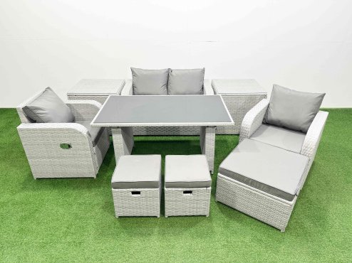 Fimous Outdoor Rattan Garden Furniture Dining Set 7-seater Patio Rectangular Table Love Sofa Reclining Chair Set with 2 Side Tables 3 Stools