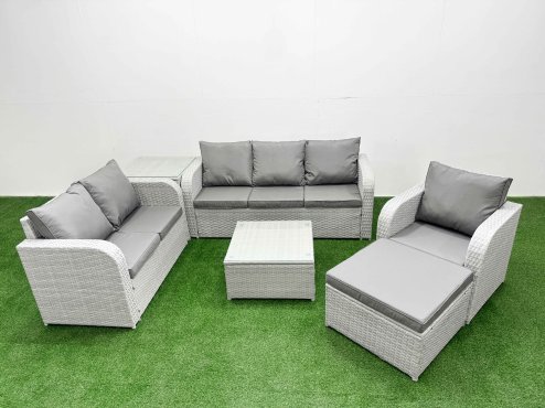 Fimous Patio PE Wicker 7 Seater Outdoor Rattan Furniture Sofa Sets with Square Coffee Table Reclining Chair Loveseat Sofa 3 Seater Sofa Big Footstool Side Table Light Grey