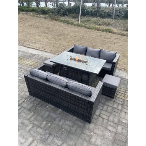 Fimous 8 Seater?Outdoor Rattan Sofa Set Garden Furniture Gas Firepit Set Heater Dining Table Footstools Dark Grey Mixed
