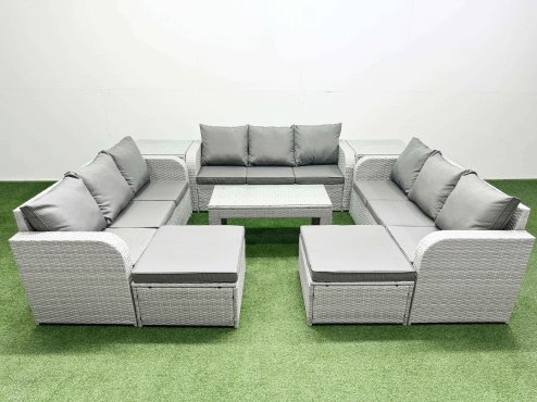 Fimous PE Rattan Lounge Sofa Set 11 Seater Outdoor Garden Furniture Set with Oblong Coffee Table 3 Seater Sofa 2 Big Footstools 2 Side Table Light Grey