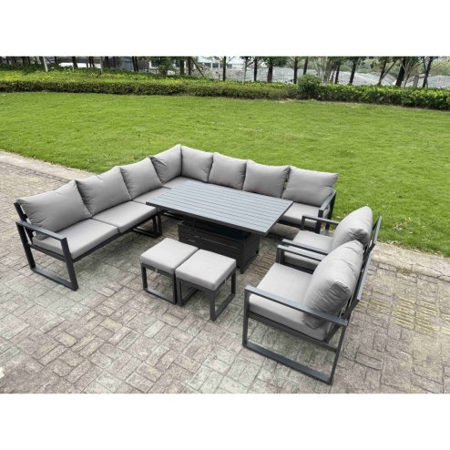 Fimous 8 Piece L-shaped Garden Furniture Set 9-Seater Aluminium Outdoor Dining Set with Adjustable Rising Lifting Dining Table 2 Chairs Dark Grey