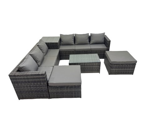 Fimous 8 Seater Garden Outdoor Rattan Furniture Set Patio Corner Sofa Rectangular Coffee Table with Side Table 2 Big Stool Dark Grey