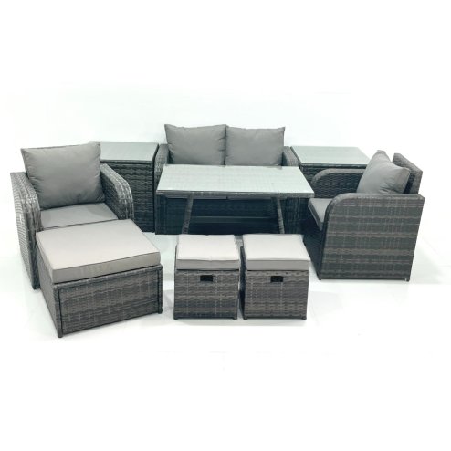 Fimous Outdoor Garden Furniture Set Rattan Sofa Dining Table Set with Reclining Chair 3 Footstool 2 Side Table Dark Grey Mixed