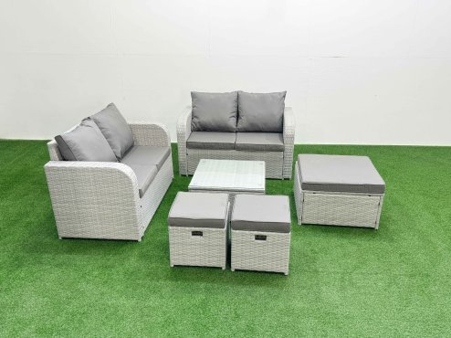 Fimous 7 Seater Outdoor Love Sofa Set Rattan Garden Furniture Set with Square Coffee Table 3 Footstool Light Grey