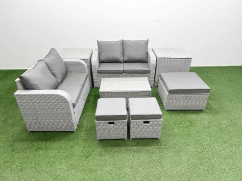 Fimous 7 Seater Outdoor Love Sofa Set Rattan Garden Furniture Set with Rectangular Coffee Table 3 Footstool 2 Side Tables Light Grey