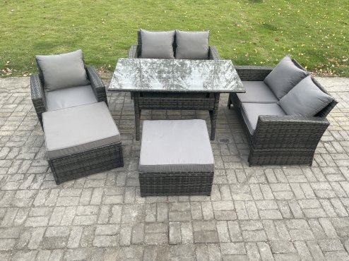 Fimous High Back Outdoor Garden Furniture Rattan Sofa Dining Table Set with Armchair 2 Big Footstool Dark Grey Mixed