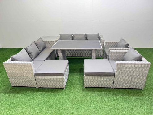 Fimous 10 Seater Wicker PE Rattan Furniture Outdoor Dining Table 3 Seater Sofa Armchair Set with Side Table 2 Big Stools Light Grey
