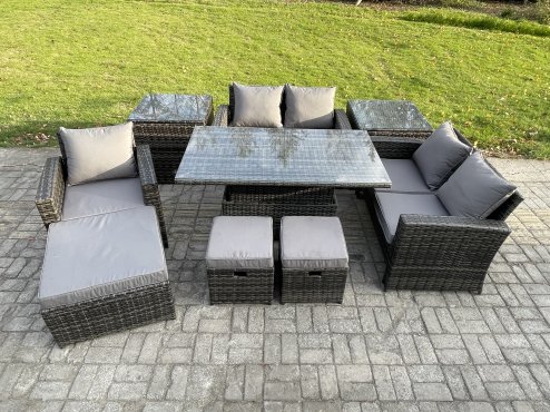 Fimous 8 Seater Outdoor Rattan Patio Furniture Set Garden Height Adjustable Rising Lifting Table Sofa Dining Set with 2 Side Tables 3 Footstools Dark Grey Mixed