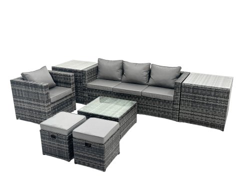 Fimous Outdoor Rattan Garden Furniture Set 6 Seater Patio Lounge Sofa Set with Armchair Square Coffee 2 Table Side Table 2 Small Footstools Dark Grey Mixed