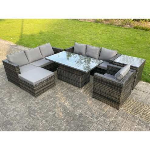 Fimous 8 Seater?Outdoor Rattan Sofa Set Adjustable Rising Lifting Side Tables Chairs Footstool Dark Grey Mixed