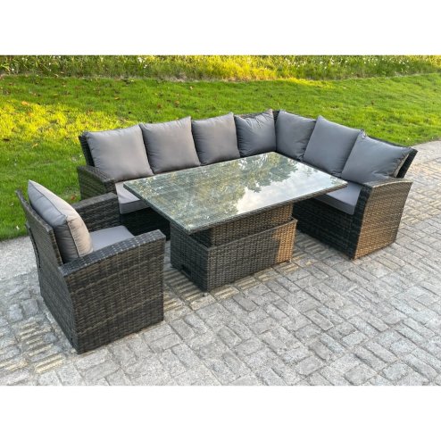 Fimous High Back PE Rattan Corner Sofa Set Garden Furniture Adjustable Rising Lifting Table Set With Armchair