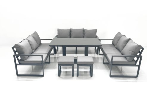 Fimous 11 Seater Garden Sofa Set Aluminium Furniture Rising Dining Tabe Set wth 2 Small Footstools Dark Grey