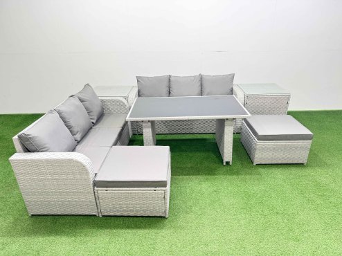 Fimous 8 Seater Rattan Outdoor Dining Table 3 Seater Sofa Set with 2 Side Tables 2 Big Stools Light Grey