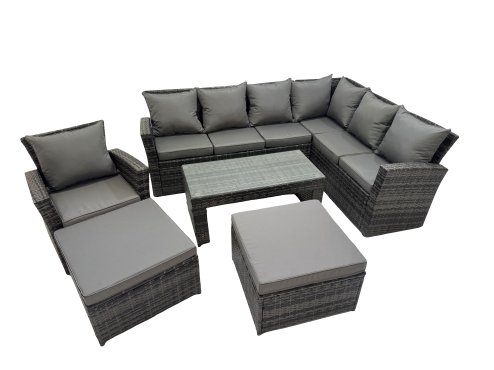 Fimous Rattan Garden Furniture Set 6 Pieces Outdoor Garden Sofa Oblong Coffee Table Set with Chair 2 Big Footstools Dark Grey Mixed
