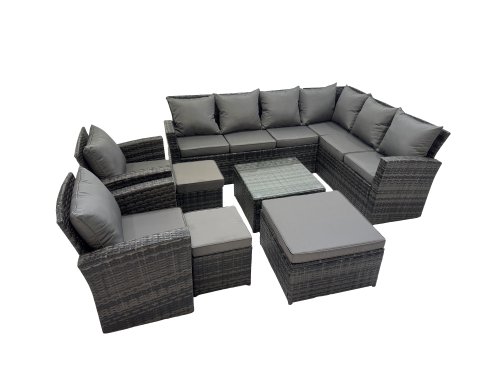 Fimous Rattan Garden Outdoor Furniture Set 11 Seater Garden Sofa Coffee Table Set with 2 Chairs 3 Footstools Dark Grey Mixed