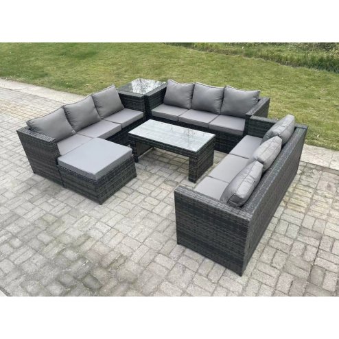 Fimous Outdoor Rattan Garden Furniture Lounge Sofa Set With Oblong Rectagular Coffee Table Big Footstool And Side Table