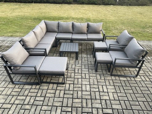 Fimous 12 Seater Outdoor Lounge Corner Sofa Set Aluminum Garden Furniture Sets with Square Coffee Table 3 Chairs 3 Footstools Dark Grey