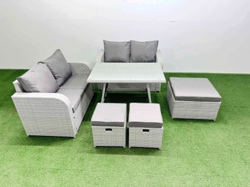 Fimous 7 Seater Outdoor Love Sofa Set Rattan Garden Furniture Set with Rectangular Dining Table 3 Footstools Light Grey
