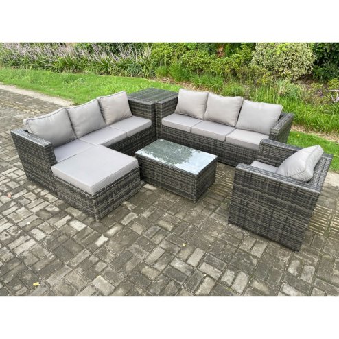Fimous Wicker PE Rattan Sofa Set Outdoor Patio Garden Furniture with Armchair Oblong Coffee Table Side Table Big Footstool Dark Grey Mixed