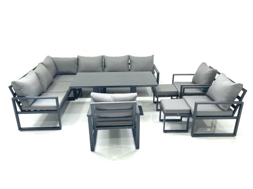 Fimous Aluminum Outdoor Garden Furniture Set Corner Sofa 3 Chair 2 Small Footstool Adjustable Rising Lifting Dining Table Sets Dark Grey