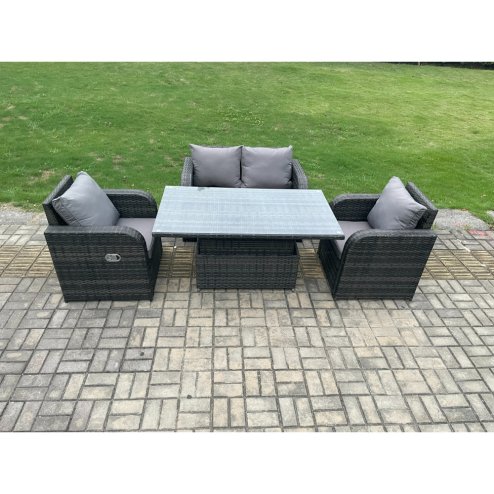 Fimous Wicker PE Rattan Furniture Garden Dining Set Outdoor Patio Height Adjustable Rising lifting Table Love Sofa With Reclining Chair