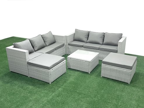 Fimous Rattan Garden Outdoor Furniture Set 8 Seater Rattan Garden Sofa Set with 2 Big Footstools Light Grey Mixed