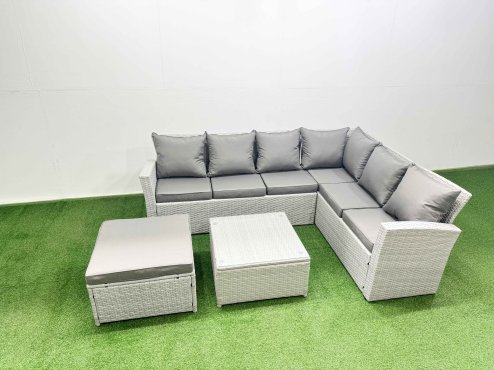 Fimous Garden Outdoor PE Rattan Furniture Set 7 Seater Rattan Garden Sofa Set with Square Coffee Table Light Grey Mixed