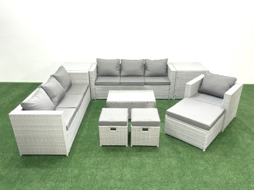 Fimous Wicker PE Rattan Sofa Garden Furniture Set with Armchair Oblong Coffee Table 3 Footstools 2 Side Tables Light Grey Mixed