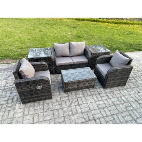 Fimous 6 PC Outdoor PE Rattan Garden Furniture Set Wicker Love Sofa Coffee Table 2 Armchair 2 Side Tables Dark Grey Mixed