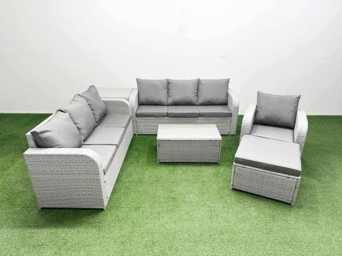 Fimous 8 Seater Poly Rattan Outdoor Garden Furniture Sofa Set Patio 3 Seater Sofa Reclining Chair 3 Seater Sofa Big Footstool Side Table Light Grey Image