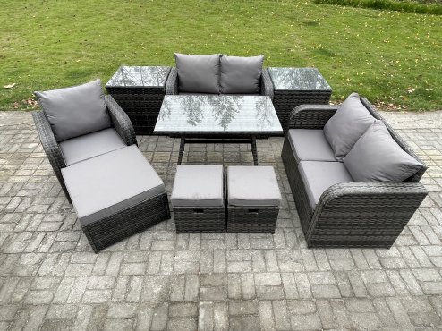 Fimous 8 Seater Outdoor Garden Dining Sets Rattan Furniture With Dining Table Armchairs Love Sofa 3 Footstools 2 Side Tables Dark Grey Mixed