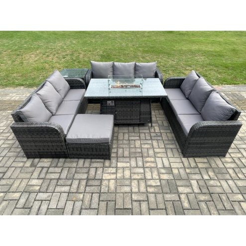 Fimous Rattan Furniture Garden Dining Set Gas Fire Pit Table With Side Table 3 Seater Sofa Footstool Dark Grey Mixed