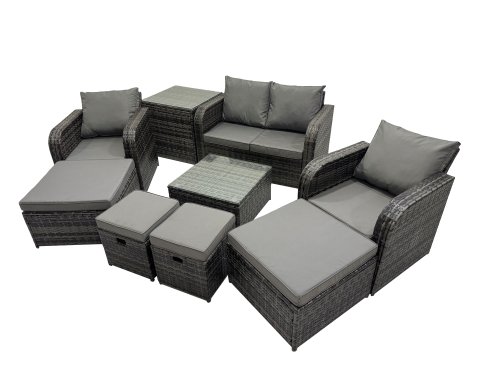 Fimous Rattan Garden Outdoor Furniture Set Love Sofa Reclining Chair Square Coffee Table Set with 4 Stools Side Table Dark Grey Mixed
