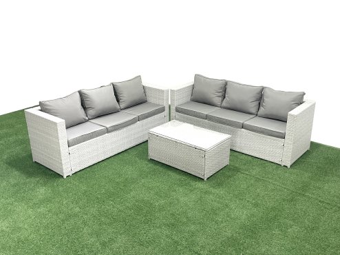 Fimous Garden Outdoor PE Rattan Furniture Set 6 Seater Rattan Garden Sofa Set Light Grey Mixed