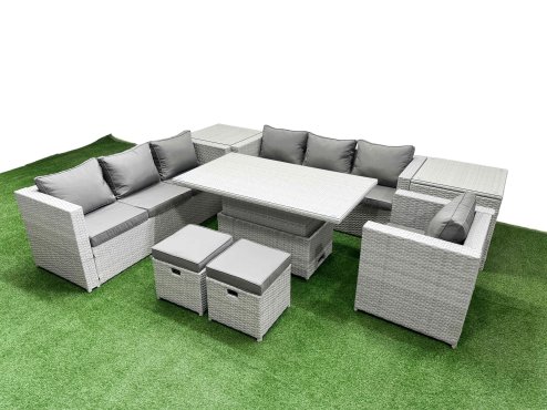 Fimous 8 PCs Rising Dining Table Set Rattan Furniture Set with 3 Seater Sofa Chair 2 Small Footstools 2 Side Tables Light Grey