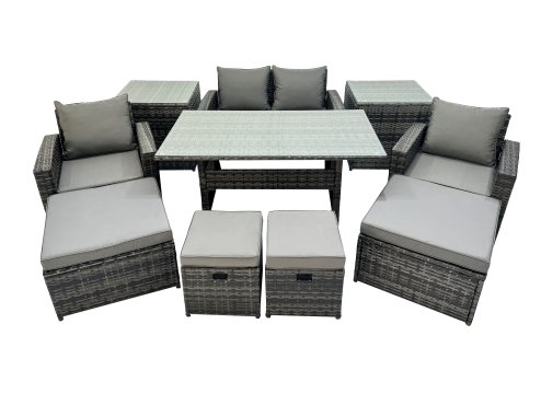 Fimous 8 Seater Wicker PE Rattan Furniture Outdoor Dining Table Double Seat Sofa 2 Side Tables 4 Stools Set Dark Grey Mixed
